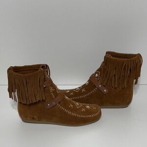 Sam Edelman Katherine Moccasin Fringe Leather Suede Booties
